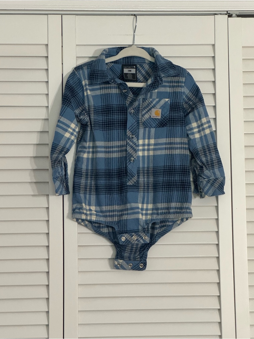 Carhartt Blue and White Plaid Button-Front One-Piece Bodysuit 18 Months